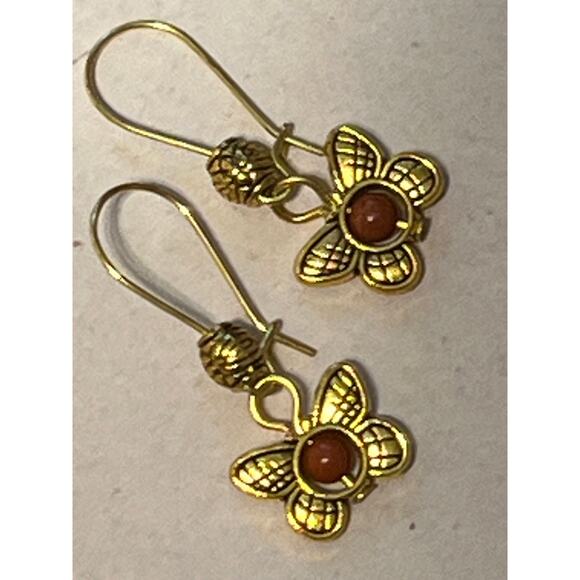 Autumn Butterfly Earrings Bohemian Gold Toned Dangles Natural Stone - Picture 1 of 2